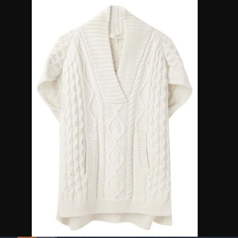 Vanessa Bruno Athé Cable Knit V-Neck Poncho Sweater in Ecru - Alpaca Wool Blend - Picture 4 of 7